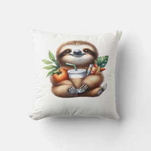 Cute Baby Sloth with Pumpkin Coffee and Pancakes w Cushion