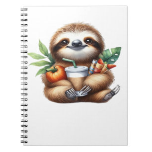 Cute Baby Sloth with Pumpkin Coffee and Pancakes w Notebook