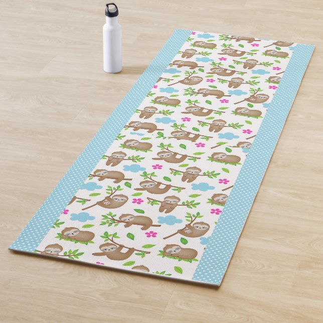 Cute Baby Sloths with Blue White Polka Dots Yoga Mat (In Situ)