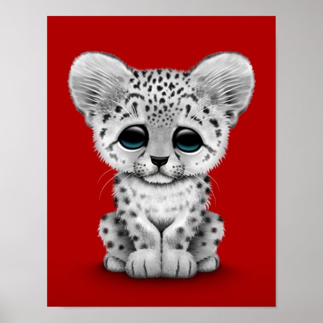 Cute Baby Snow Leopard Cub on Red Poster (Front)