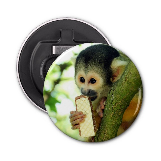 Cute Baby Squirrel Monkey Eating a Wafer Biscuit Bottle Opener (Front)