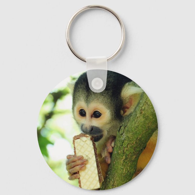 Cute Baby Squirrel Monkey Eating a Wafer Biscuit Key Ring (Front)