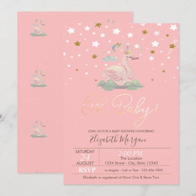 Cute Baby Swan Crown Stars Pink Baby Shower  Invitation (Front/Back)