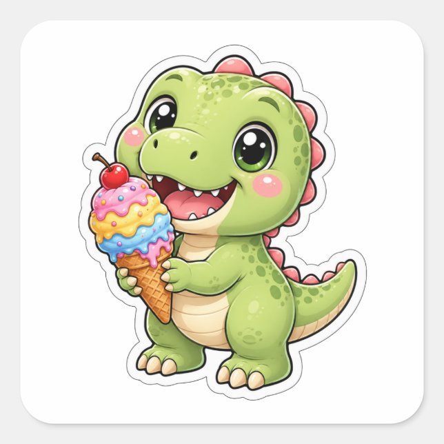 Cute Baby T-Rex With Ice Cream Art Square Sticker (Front)
