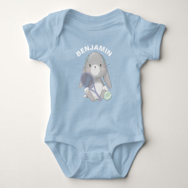 Cute baby tennis player with custom name bodysuit (Front)