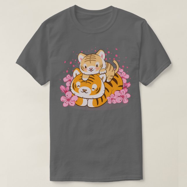 Cute Baby Tiger and Mum Pink Sakura Kawaii  T-Shirt (Design Front)