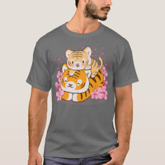 Cute Baby Tiger and Mum Pink Sakura Kawaii  T-Shirt