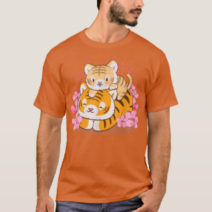 Cute Baby Tiger and Mum Pink Sakura Kawaii T-Shirt