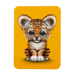 Cute Baby Tiger Cub Wearing Glasses on Yellow Magnet