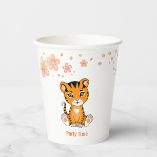 Cute Baby Tiger & Pink Flowers Party Paper Cups