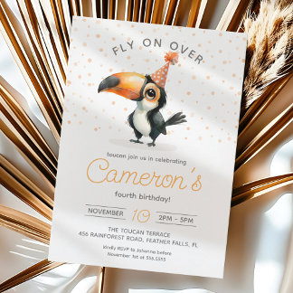 Cute baby toucan, fly on over, kids birthday invitation