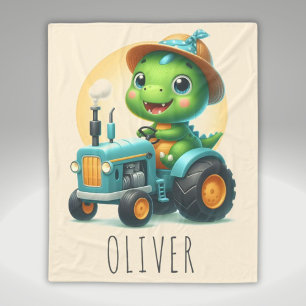 Cute Baby Trex Dinosaur Driving a Blue Tractor Fleece Blanket