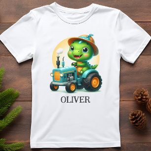 Cute Baby Trex Dinosaur Driving a Blue Tractor T-Shirt