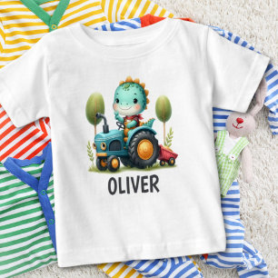 Cute Baby Trex Dinosaur on a Blue Tractor T-Shirt