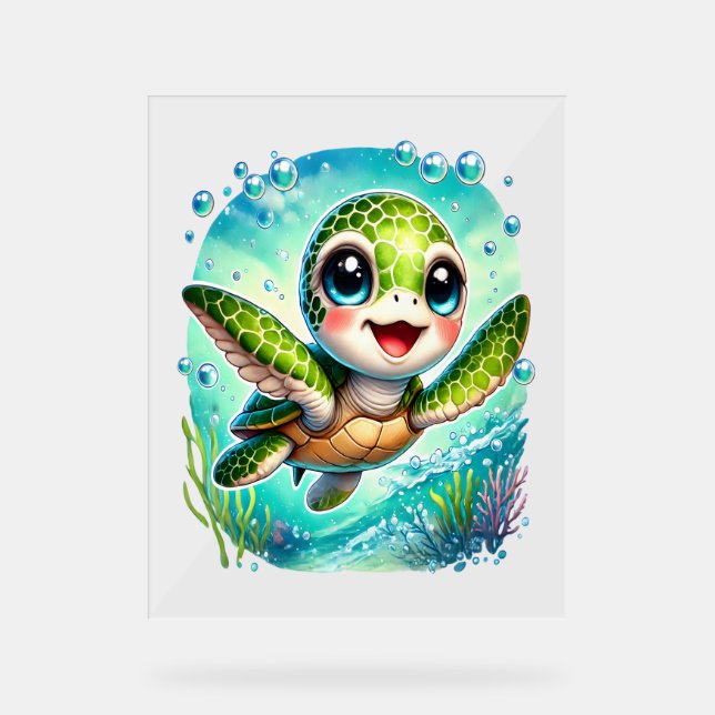 Cute Baby Turtle Swimming in Ocean Acrylic Sign (Front)