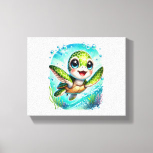 Cute Baby Turtle Swimming in Ocean Canvas Print