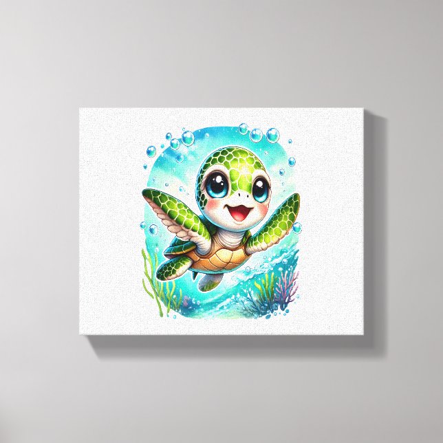 Cute Baby Turtle Swimming in Ocean Canvas Print (Front)
