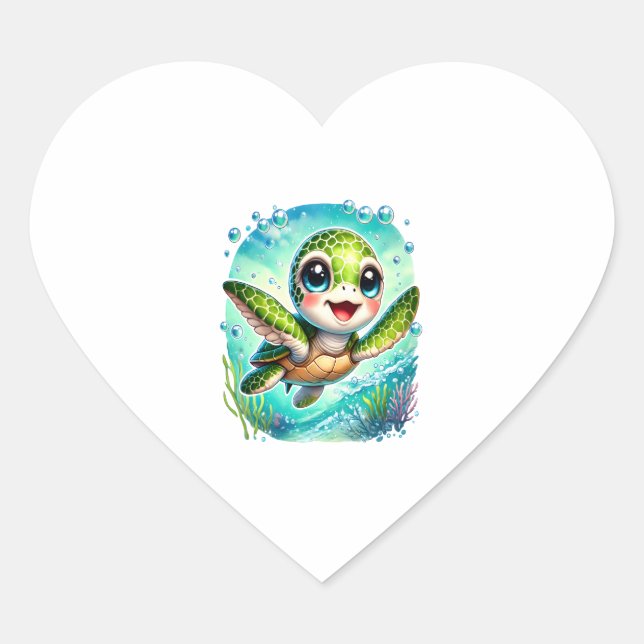 Cute Baby Turtle Swimming in Ocean Heart Sticker (Front)