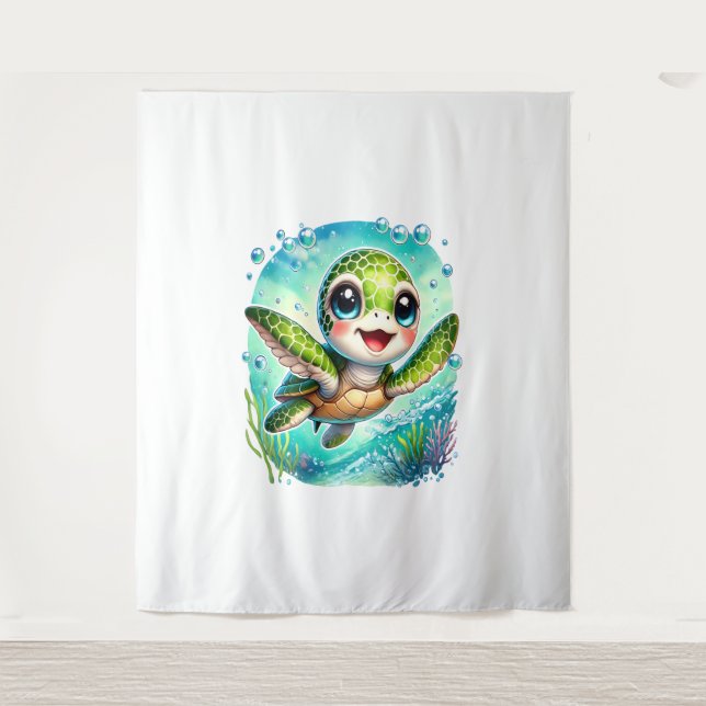 Cute Baby Turtle Swimming in Ocean Tapestry (Front)