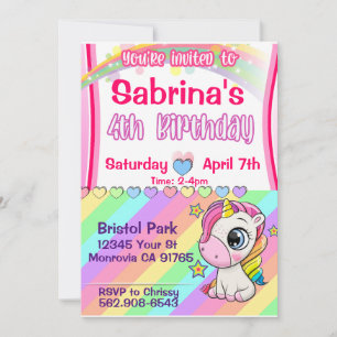 Cute baby Unicorn 4th birthday invitation