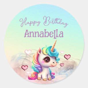 Cute Baby Unicorn and Hearts on Rainbow Classic Round Sticker