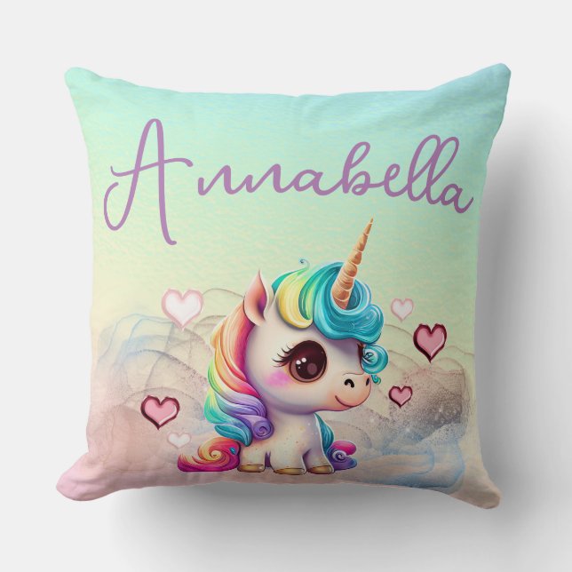 Cute Baby Unicorn and Hearts on Rainbow Cushion (Front)