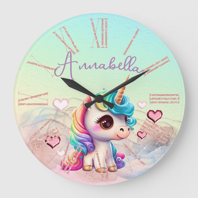 Cute Baby Unicorn and Hearts on Rainbow Large Clock (Front)