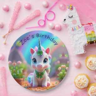 Cute baby unicorn and rainbow, girls birthday  paper plate