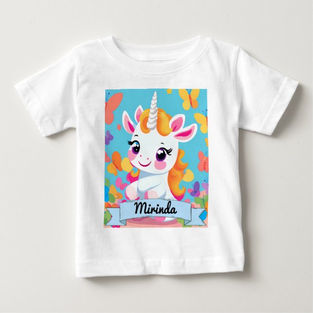 Cute Baby Unicorn Butterfly Custom Name T-Shirt (Front)