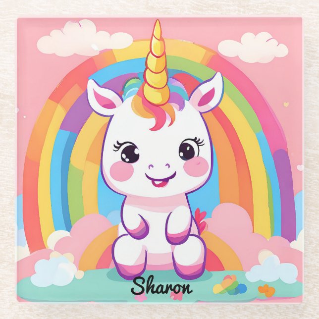 Cute Baby Unicorn Rainbow Glass Coaster (Front)