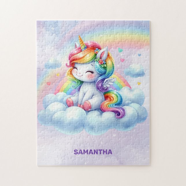 Cute baby unicorn seating on a cloud and rainbows jigsaw puzzle (Vertical)