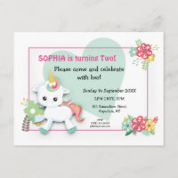 Cute Baby Unicorn Second Birthday Invitation