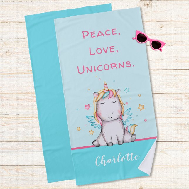 Cute Baby Unicorn Teal Personalised Beach Towel (Creator Uploaded)