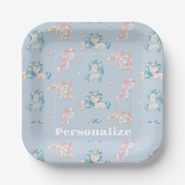 Cute Baby Unicorns Pink Blue Personalised Paper Plate (Front)