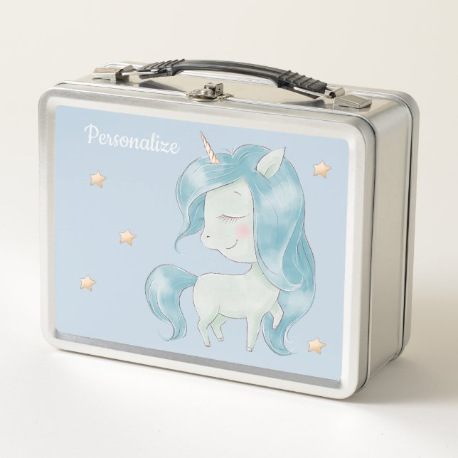 Cute Baby Unicorns Pink Blue Stars Personalised Metal Lunch Box (Front)