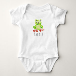 Cute Baby Unisex Watercolor Jungle Frog with Name Bodysuit