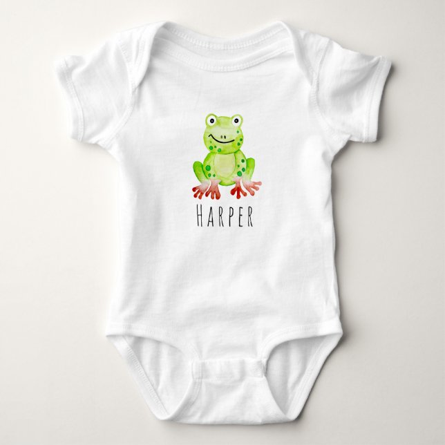 Cute Baby Unisex Watercolor Jungle Frog with Name Bodysuit (Front)