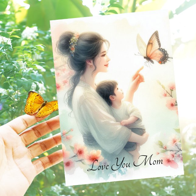Cute Baby Watching Butterfly With Mum Mother's Day Holiday Card (Creator Uploaded)