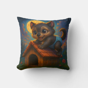 Cute Baby Werewolf on Dog House Fantasy Art Cushion
