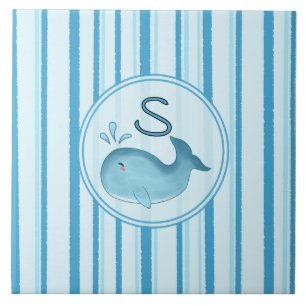 Cute Baby Whale Blue Stripes Ceramic Tile
