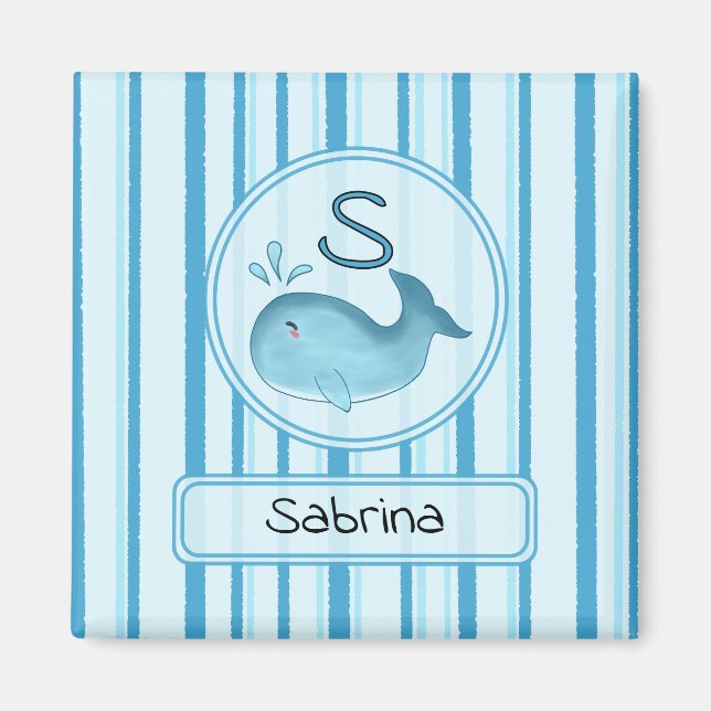 Cute Baby Whale Blue Stripes Magnet (Front)