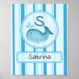 Cute Baby Whale Blue Stripes Wall Art