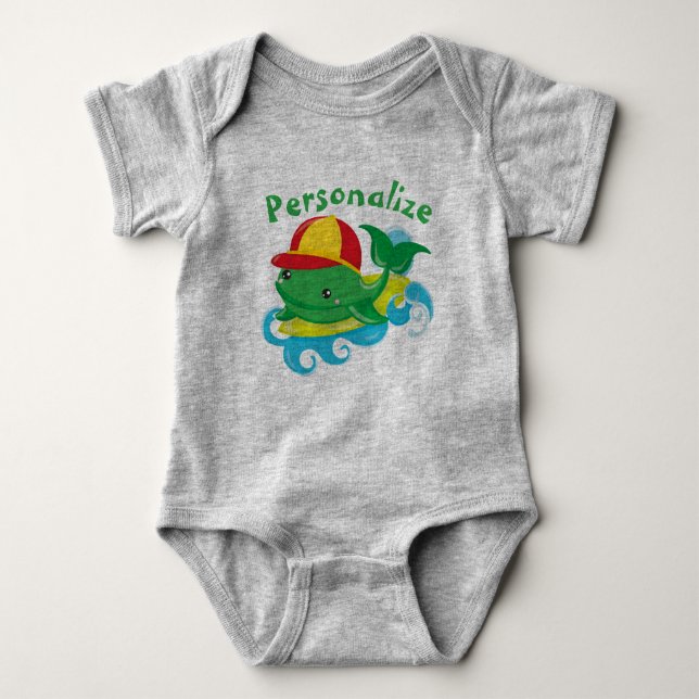 Cute Baby Whale on Surfboard Personalise Bodysuit (Front)