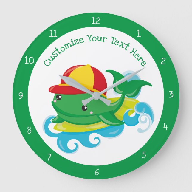 Cute Baby Whale on Surfboard Personalise Large Clock (Front)
