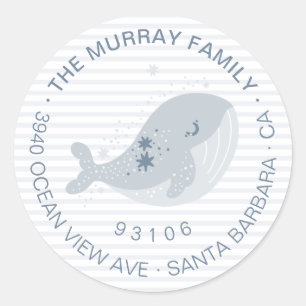 Cute Baby Whale Stars Stripes Blue Return Address  Classic Round Sticker