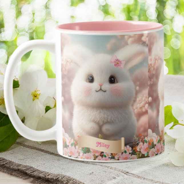 Cute Baby White Rabbit Pink Garden Personalised  Two-Tone Coffee Mug (Creator Uploaded)