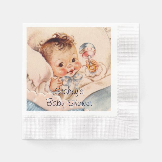 Cute Baby with Rattle, Baby Shower Napkins (Front)
