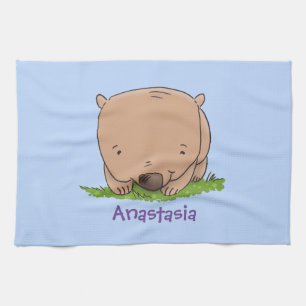 Cute baby wombat cartoon illustration tea towel