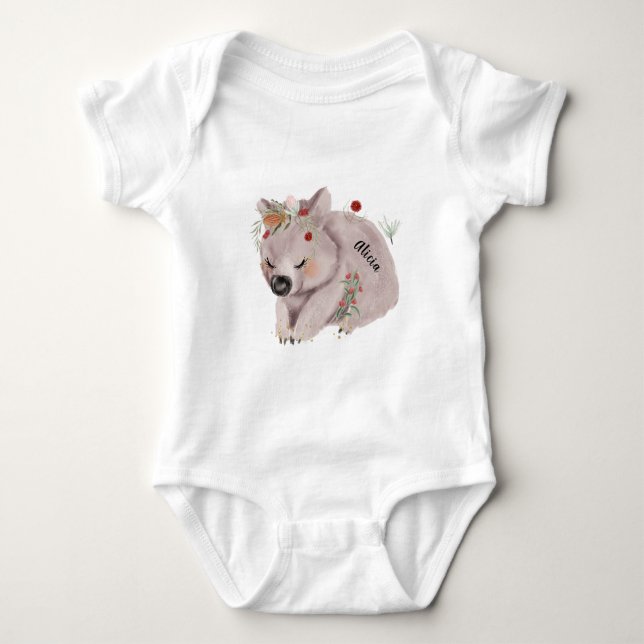 Cute Baby Wombat Gold Speckle Custom Name Bodysuit (Front)