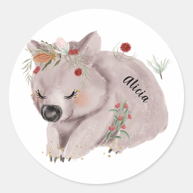 Cute Baby Wombat Gold Speckle Custom Name Classic Round Sticker (Front)